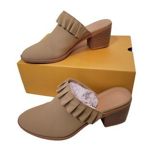Women's Tan Slip-On Mules With Ruffle Accent & Block Heel Size 7